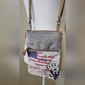 Myra Bag Freedom Forever USA Crossbody Bag with Cowhide Accent - Taupe